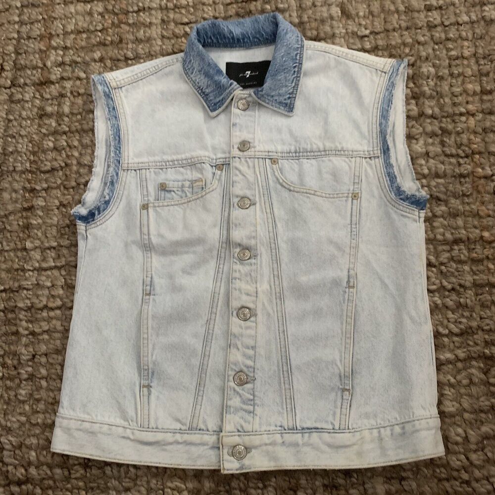 7 For All Mankind Womens S Denim Vest Two-Tone Blue Jean Cutoff Italian Fabric